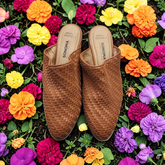 Sonoma Shoes - SONOMA Tan Woven Leather Slip-On Clogs
